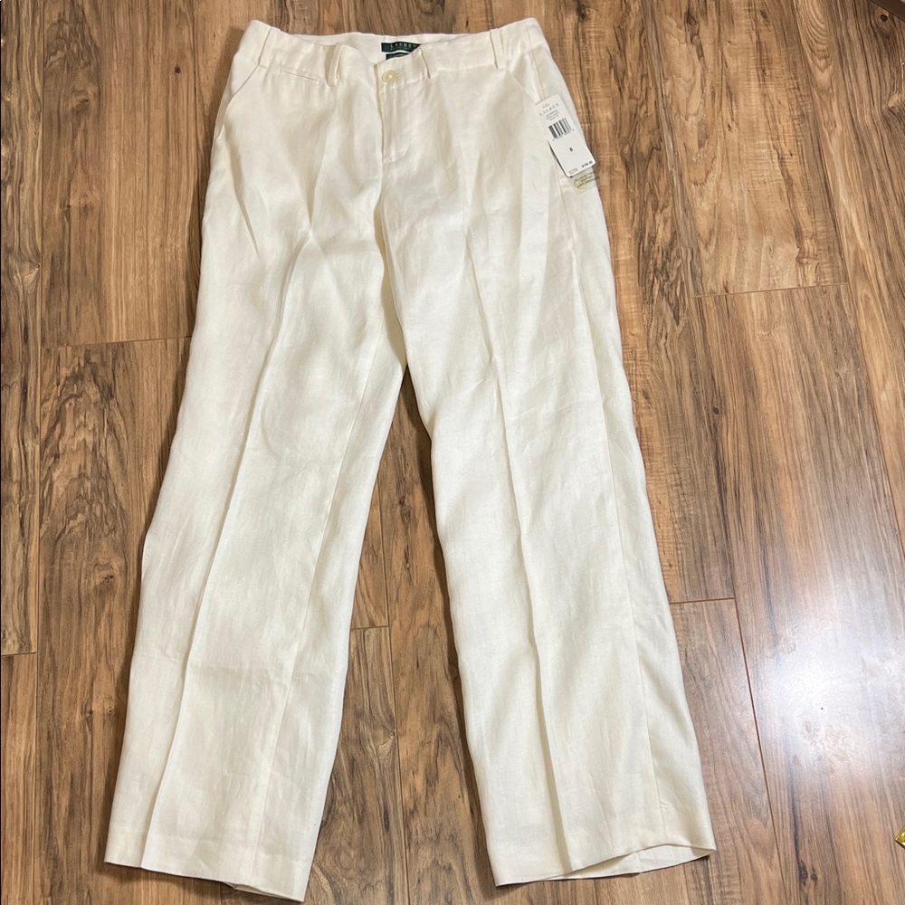NWT Lauren Ralph Lauren Sanderson 100% Linen Cream Pants Sz 6